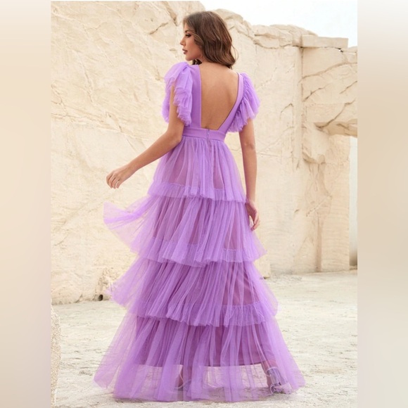 Faeriesty Plunging Neck Backless Ruffle Trim A Line Dress, Lavender- size XS - Picture 12 of 13